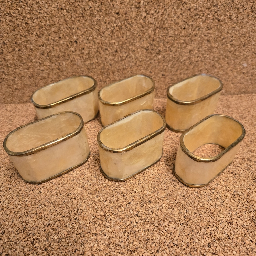 Capiz Shell Napkin Rings Holders Banded With Metal Set Of 6 Philippines Vintage